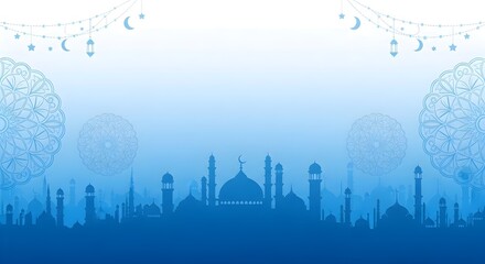 Obraz premium Blue Mosque Silhouette with Lanterns and Mandalas on Gradient Background