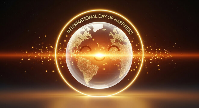International Day of Happiness Golden Globe Earth Sparkles Glow JPG | Adobe Photoshop Tutorial JPG Files