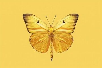 Fototapeta premium Beautiful golden butterfly with open wings on a yellow background, creating a stunning visual contrast