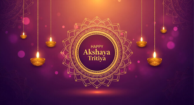 Akshaya Tritiya vector hindu festival greeting with mandala diya light and golden decorative background for prosperity wealth tradition culture celebration