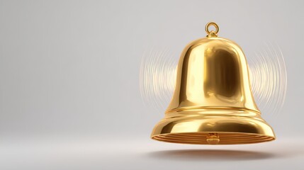 Golden ringing bell with sound waves, isolated on white background