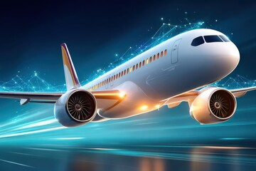 Fototapeta premium Futuristic airplane in flight surrounded by digital connectivity and glowing network patterns