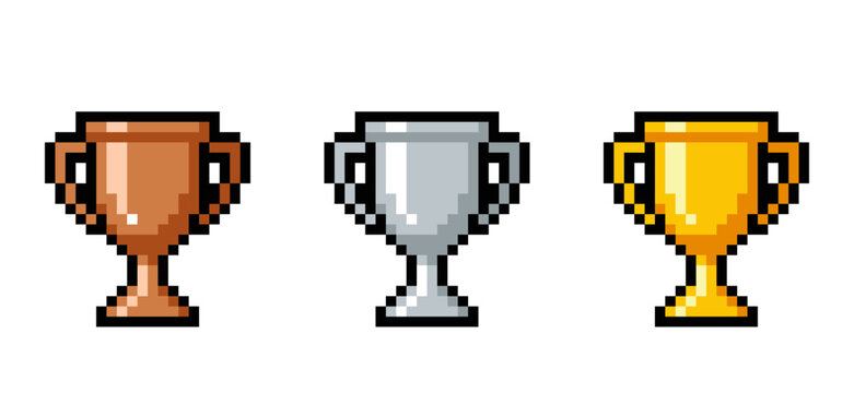 Pixel Art Trophy Set &ndash; Bronze Silver Gold Cups 8 Bit Retro Game Awards Vector