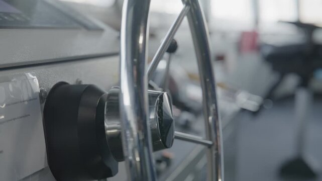 Close up steering wheel on huge icebreaker ship