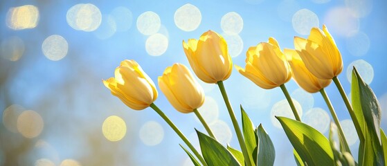 Obraz premium Yellow tulips against blue sky with bokeh effect.