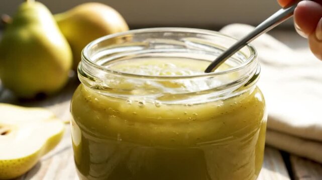 Motion footage shows small metal spoon stirring thick pear puree inside a clear glass baby food jar with fresh pears nearby