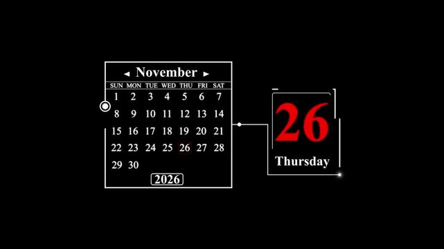 November 2026 calendar with the 26th circled and Thursday displayed. A very important date in the calendar. Signing a day on a calendar.