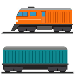 locomotive and teal cargo wagon on railway tracks, flat design © Volodymyr Hankevych