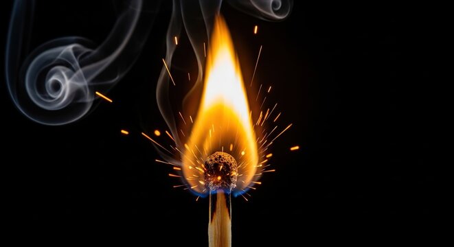 Burning Match Igniting Sparks and Smoke Against Black Background Close-up