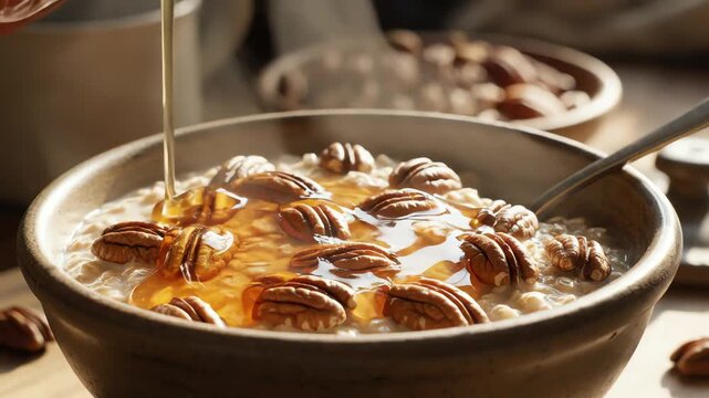Close up of oatmeal with pecans and honey a culinary delight