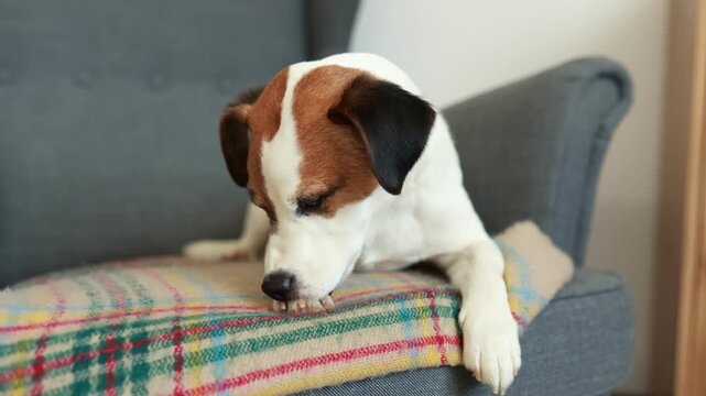 Jack Russell Terrier licking its paws while and washing himself resting on an armchair at home. Cute small dog grooming itself indoors in cozy living room. Dog Bites itself, catches fleas and clean