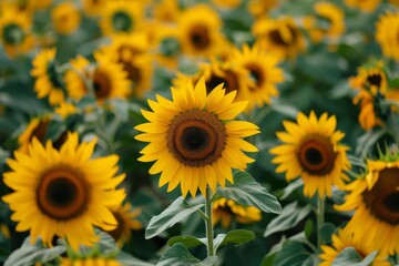 Obraz premium Sunflowers growing in a field of sunflowers on a sunny day