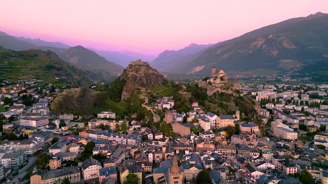 Sion, Switzerland in the Canton of Valais at blue hour.