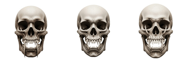 Set of realistic human skulls with sharp vampire fangs isolated on white background, collection of gothic horror, predator anatomy and halloween concept illustrations