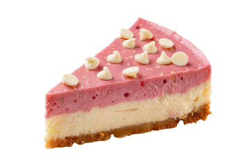 Delicious slice of strawberry cheesecake with creamy pink topping and white chocolate chips, isolated dessert PNG on transparent background