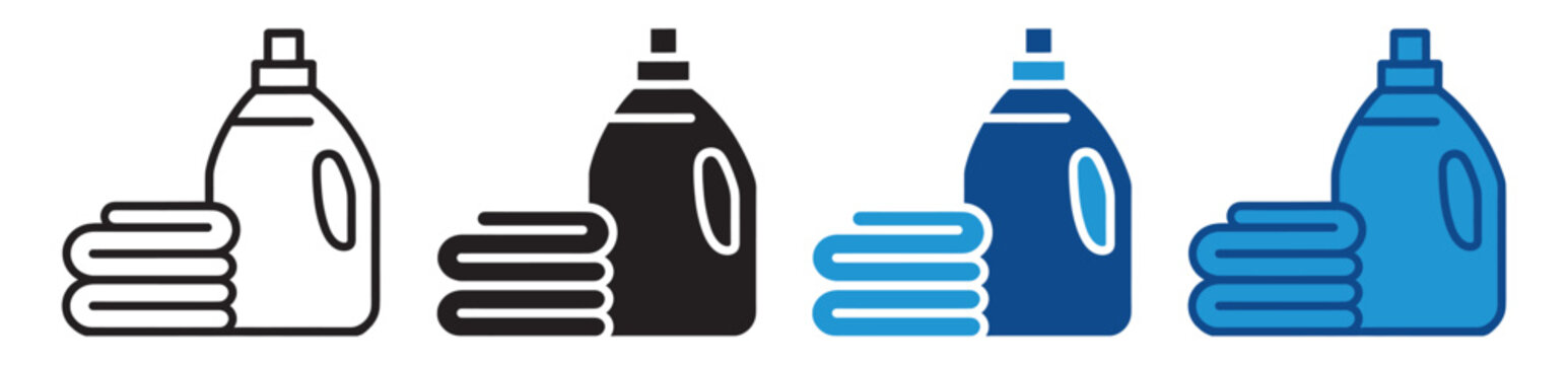 Laundry Detergent Icon Set with Bottle and Folded Towels for Cleaning Designs. Vector Laundry Detergent Icons for Home, Laundry, and Household Illustrations.
