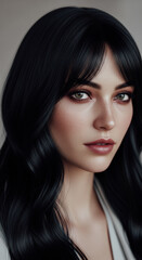 Fototapeta premium Beautiful young woman with dark hair and bangs, gazing intensely in a studio portrait, exhibiting natural beauty and elegance.
