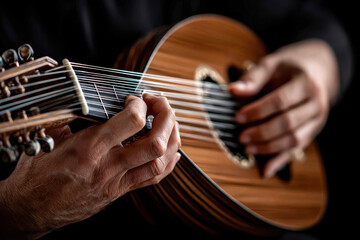 Playing a traditional string instrument with skill and passion in a dimly lit setting