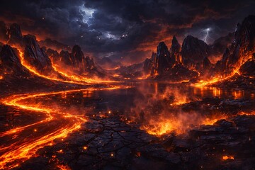 Dramatic Volcanic Lava River Flowing Through Dark Mountains Under Stormy Sky