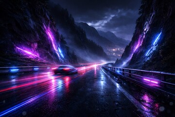Futuristic Neon Highway Through Mountain Valley At Night With Motion Light Trails
