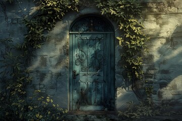 Fototapeta premium Sunlight illuminating ancient wooden door with metal decorations, surrounded by climbing plants and flowers, creating a mysterious atmosphere