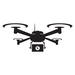 Black Silhouette Quadcopter Icon with Camera on White Background