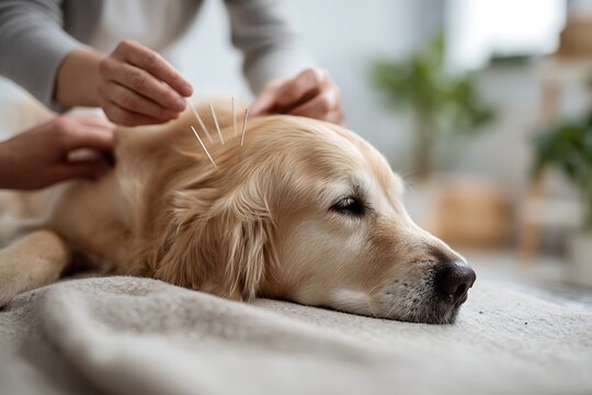 Close view of practitioner inserting acupuncture needles into Golden Retriever. Veterinary acupuncture as alternative medicine and holistic canine therapy in clinical setting