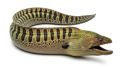 Naklejka premium A close-up view of a moray eel with its mouth open, showcasing its sharp teeth.