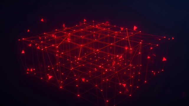 Abstract 3D wireframe cube structure with glowing red nodes and triangular elements