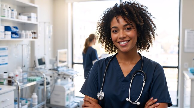 Confident Black female nurse in blue scrubs with stethoscope. Smiling healthcare professional in a modern medical clinic. Nursing and medicine career concept