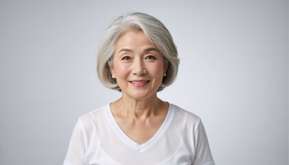 Fototapeta premium Portrait of a smiling mature Asian woman with grey hair. Senior female headshot on a neutral background. Concept of healthy aging and retirement
