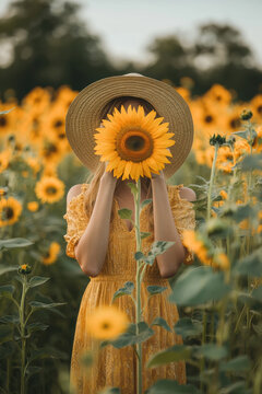 Young woman hiding face behind sunflower in a bright yellow field