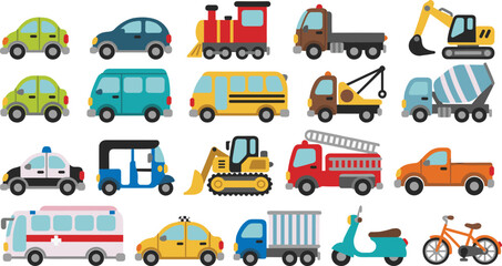 Colorful cartoon transportation vehicles set, cars trucks construction emergency transport illustration isolated on white background © Rezaul
