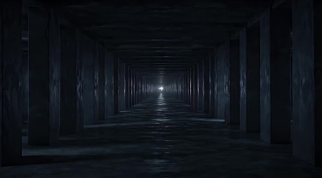 Dark, cavernous hall with repeating pillars and a distant, faint light