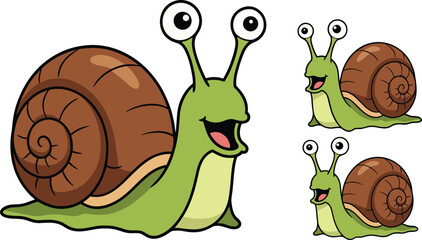 Cute cartoon snail character set, green garden mollusk with brown spiral shell vector illustration isolated © Rezaul