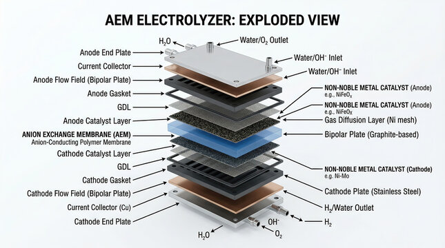 3D Isometric Technical Exploded View of Anion Exchange Membrane AEM Electrolyzer Assembly