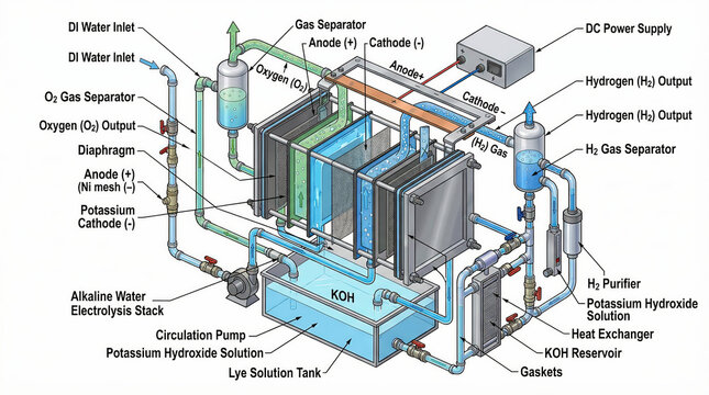 3D Isometric Technical Diagram of Alkaline Water Electrolysis Process and Fluid Logic