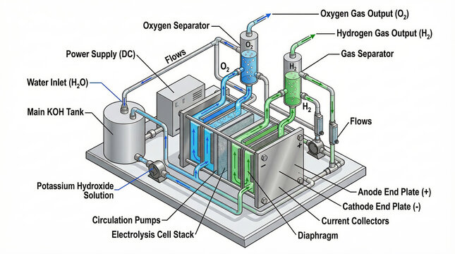 3D Isometric Technical Diagram of Alkaline Water Electrolysis Process and Fluid Logic