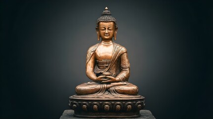Bronze Buddha Statue Dark Background Serene Meditation Lotus Position Traditional Asian Spiritual Sacred Sculpture Art Antique Museum Cultural Heritage