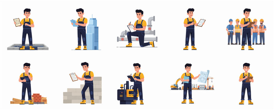 Flat Design Various Construction Worker Activity Poses and Professions Illustration