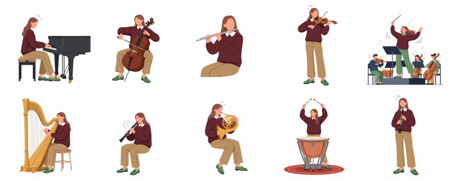 Flat Design Young Woman Orchestra Member Plays Musical Instrument Collection Set