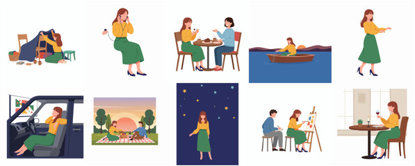 Fototapeta premium Diverse Handdrawn Lifestyle Woman in Various Situations and Activities Illustration Set