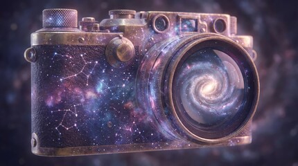 Surreal galaxy camera, stars nebulae swirling vintage lens