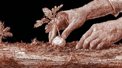 Obraz premium Hands planting a young seedling in rich soil, showcasing detailed textures of the earth and foliage in a vintage-style illustration with a dark background