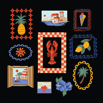 Mediterranean frames elements with lobster lemons coastal summer illustration design