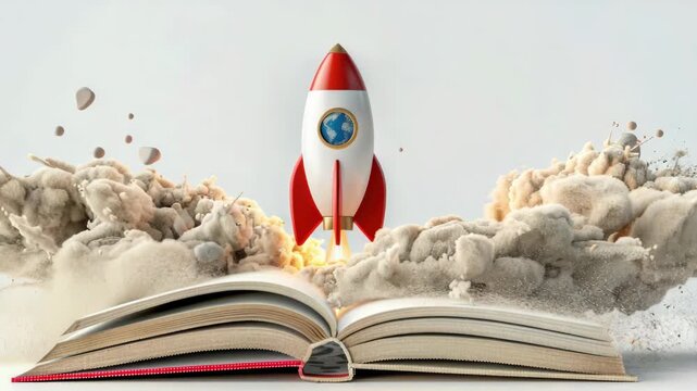 Rocket launches from open book. Smoke bursts from book pages. World emblem adorns rocket body. Sturdy book rests on white surface. Space adventure begins with knowledge. Ideal for education, startup