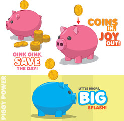 A cheerful, cartoon-style layout designs celebrating the joy of saving money with piggy banks. © DanGoh