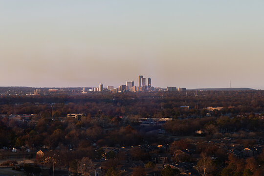 Downtown Tulsa, oklahoma Skyline, green country during late fall/ winter sunset