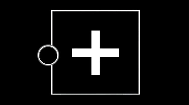 Minimalist white plus sign icon in a square outline with a connecting circle on a black background, UI element, addition symbol graphic