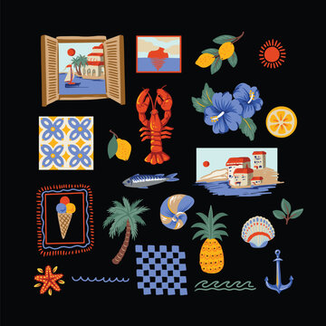 Mediterranean elements isolated lemons seafood tiles summer illustration design